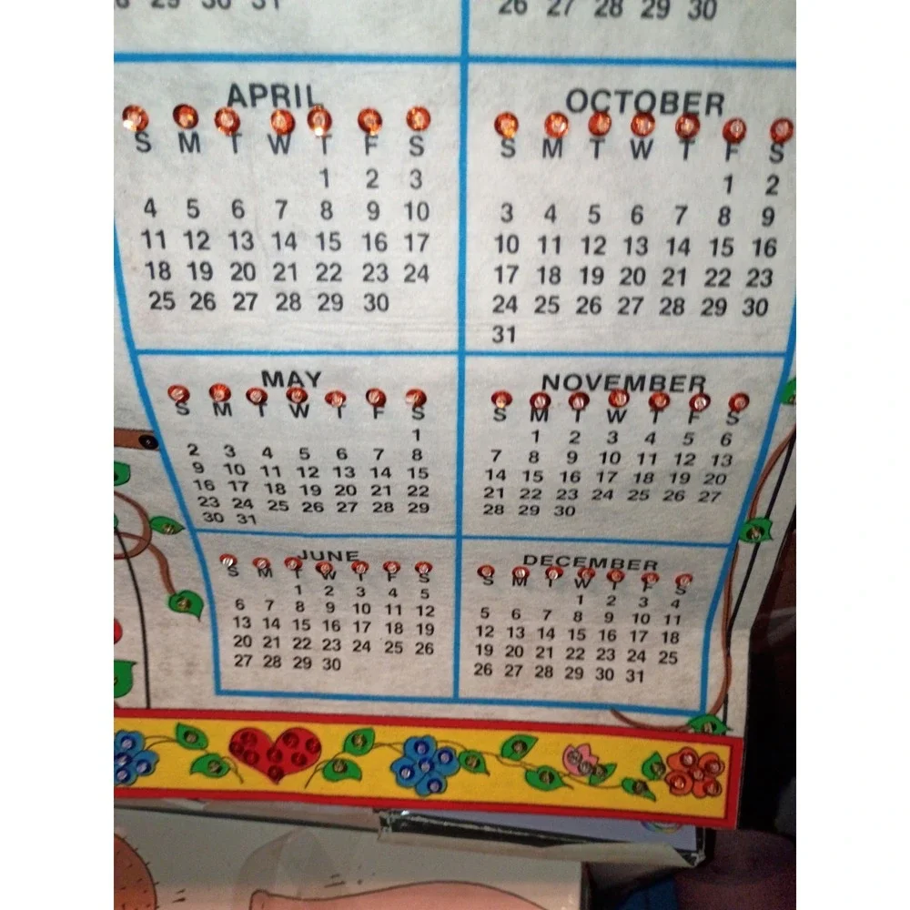 Vintage Felt Jeweled 1993 Calendar Parrots Multicolor 25